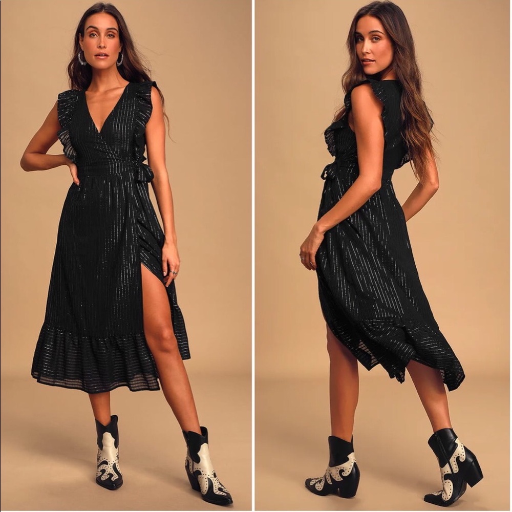 Lulu’s Something to See Black Striped Ruffled Wrap Midi Dress